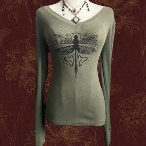 Hand Screen Printed Dragonfly Graphic Printed Green Sweater